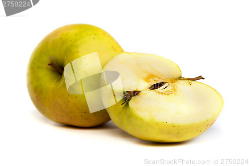 Image of Cross section of green apple, showing pips, and core