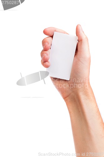 Image of Businessman's hand holding blank business card