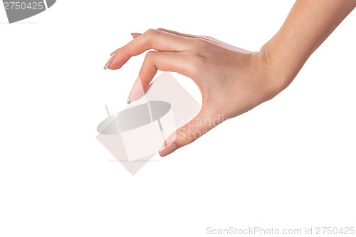 Image of Businesswoman's hand holding blank business card