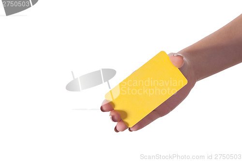 Image of Businesswoman's hand holding blank business card