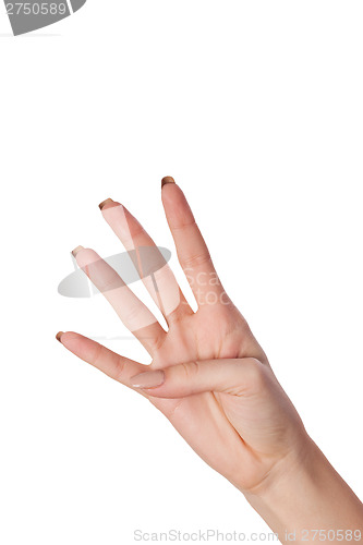 Image of Hand gesture number four closeup isolated on white