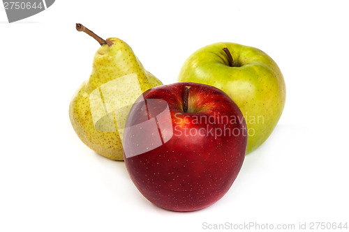 Image of A pear and a red apple and a green apple isolated on white