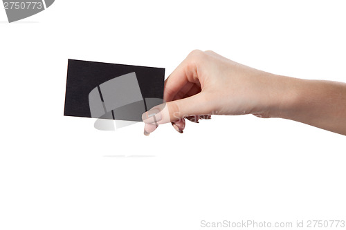 Image of Businesswoman's hand holding blank business card