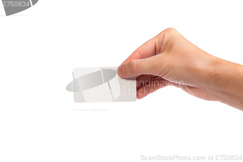 Image of Businessman's hand holding blank business card