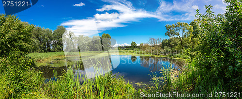 Image of Panorama of summer morning lake