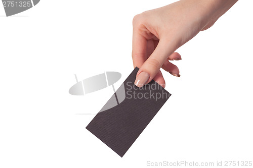 Image of Businesswoman's hand holding blank business card