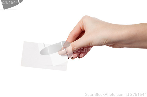 Image of Businesswoman's hand holding blank business card