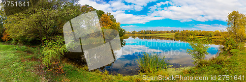 Image of Forest lake in fall. Panorama