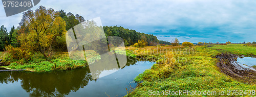 Image of Landscape with forest lake in autumn. Panorama