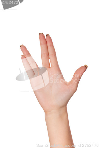 Image of Female palm hand vulcan gesture, isolated on white