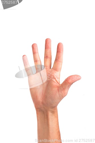 Image of Hand gesture number five closeup isolated on white