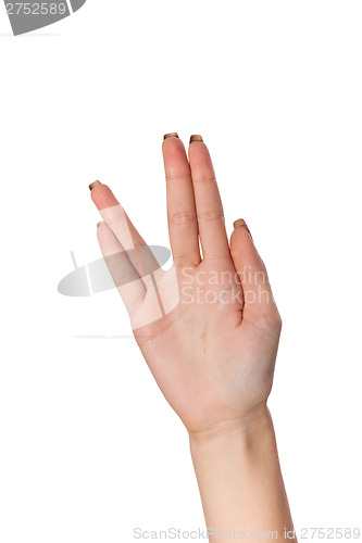 Image of Female palm hand vulcan gesture, isolated on white