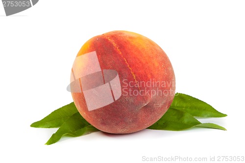 Image of Three perfect, ripe peaches with a half  and slices isolated on 