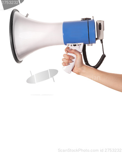 Image of A woman is holding a loudspeaker