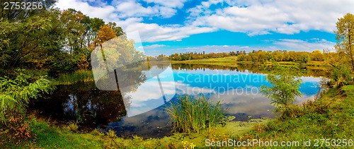 Image of Forest lake in fall. Panorama