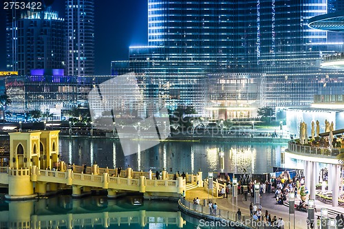 Image of View on Burj Khalifa and Dubai Mall, Dubai, UAE, at night