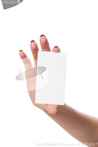 Image of Businesswoman's hand holding blank business card