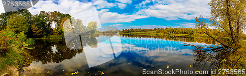 Image of Forest lake in fall. Panorama