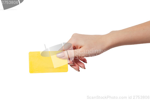 Image of Businesswoman's hand holding blank business card