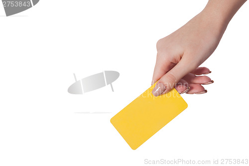 Image of Businesswoman's hand holding blank business card