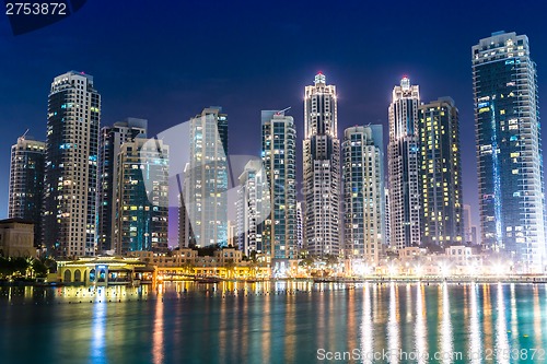 Image of Dubai downtown. East, United Arab Emirates architecture