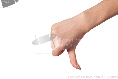 Image of Thumb down Female hand sign isolated on white