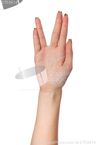 Image of Female palm hand vulcan gesture, isolated on white