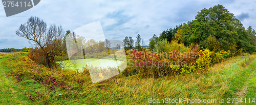 Image of Forest lake in fall. Panorama