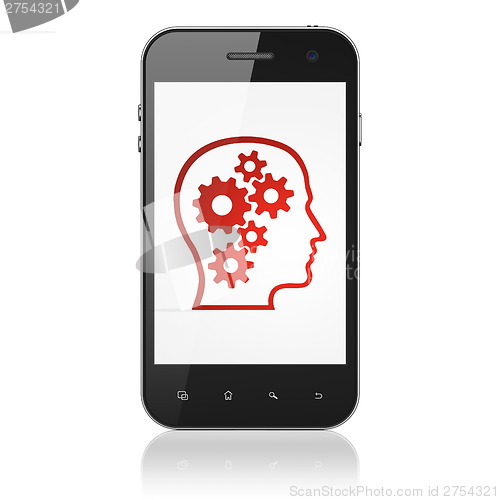 Image of Data concept: Head With Gears on smartphone