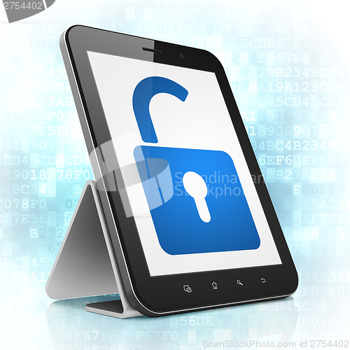 Image of Safety concept: Opened Padlock on tablet