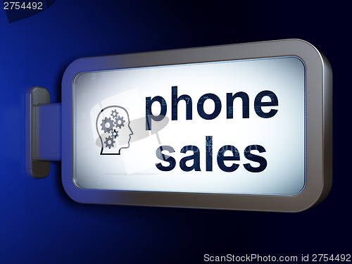 Image of Marketing concept: Phone Sales and Head With Gears on billboard