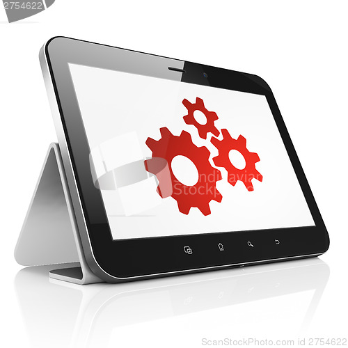 Image of Data concept: Gears on tablet pc computer