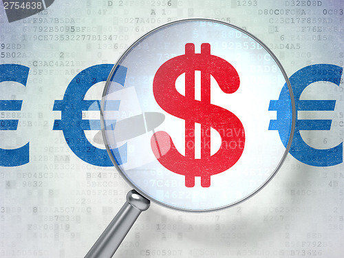Image of Currency concept: Dollar And Euro with optical glass on digital