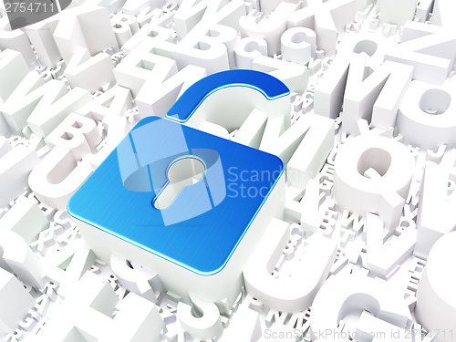 Image of Information concept: Opened Padlock on alphabet background