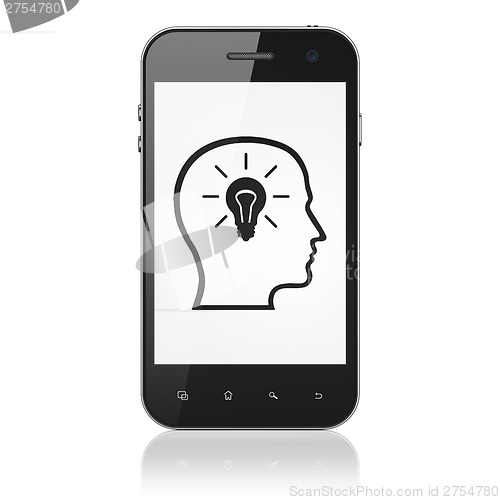 Image of Education concept: Head With Lightbulb on smartphone