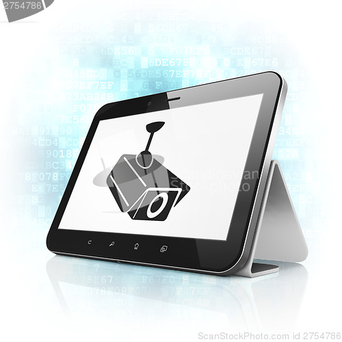 Image of Privacy concept: Cctv Camera on tablet pc computer