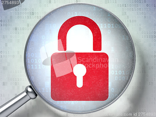 Image of Protection concept:  Closed Padlock with optical glass on digita