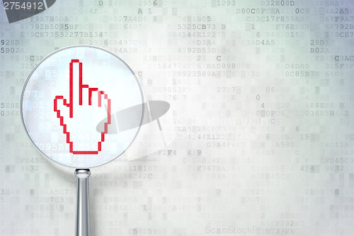 Image of Marketing concept:  Mouse Cursor with optical glass on digital b