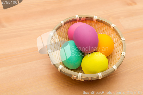 Image of Colourful painted easter egg in basket