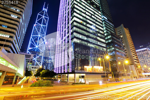 Image of Central business district in Hong Kong with traffic trail