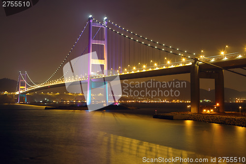 Image of Suspension bridge in Hong Kong at night