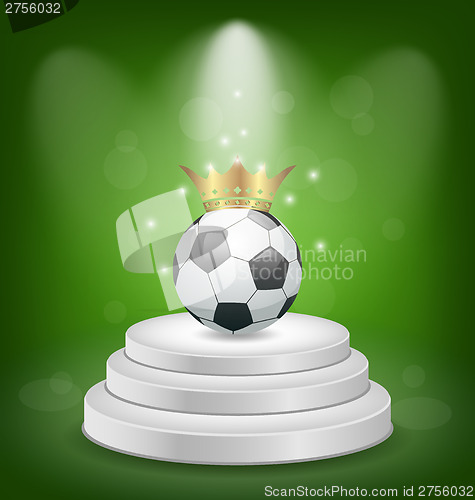 Image of Football ball with golden crown on white podium