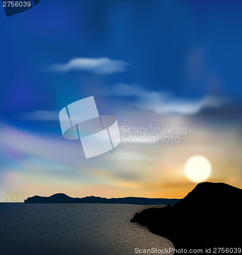 Image of Nature background, sea, mountain, sun, sky during sunrise