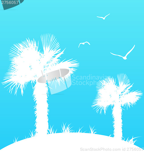 Image of Summer background with palm trees and seagulls