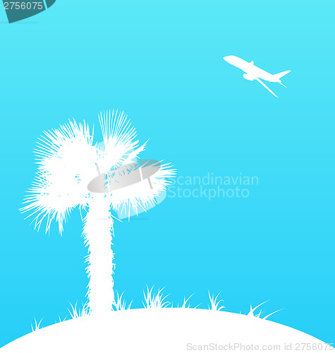 Image of Summer background with palm tree and airplane