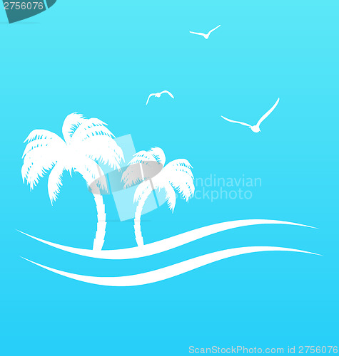 Image of Tropical paradise background with palm trees and sea