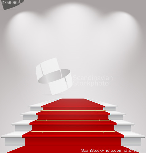 Image of Stairs covered with red carpet, scene illuminated