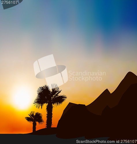 Image of Evening tropical landscape with sea, mountain, palm trees