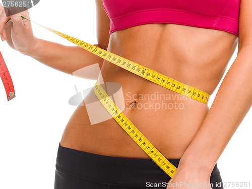 Image of close up of trained belly with measuring tape