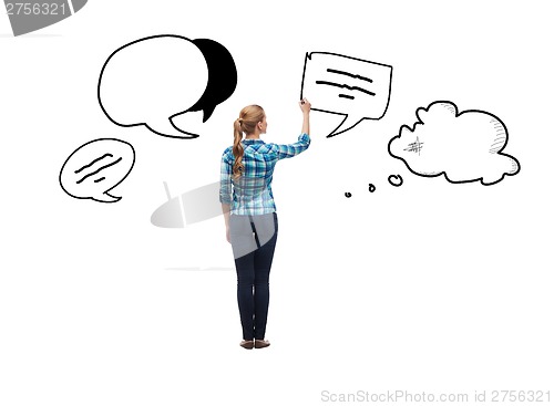 Image of woman from the back drowing text bubble in the air